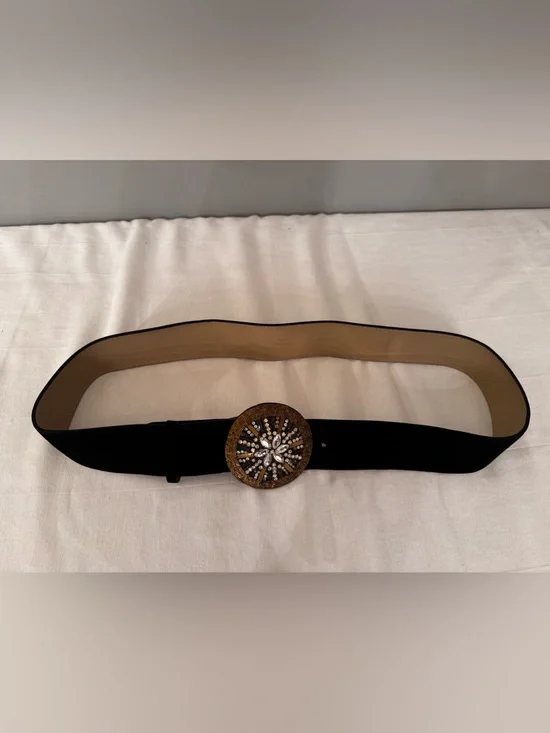 Black Suede/ Leather Belt with Ornate Gold & Crystal Buckle Size 2X