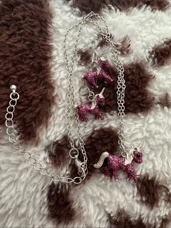 Sparkle Unicorn Necklace & Earrings Set - Pink Glitter