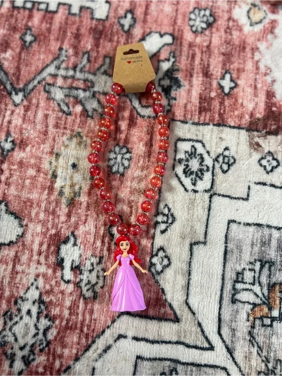 Handmade Kids Princess Beaded Necklace - Pink Pendant with Red Beads