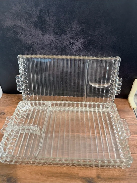 Vintage Clear Glass Vanity Tray with Built-In Cup Holder by.   Set of 3