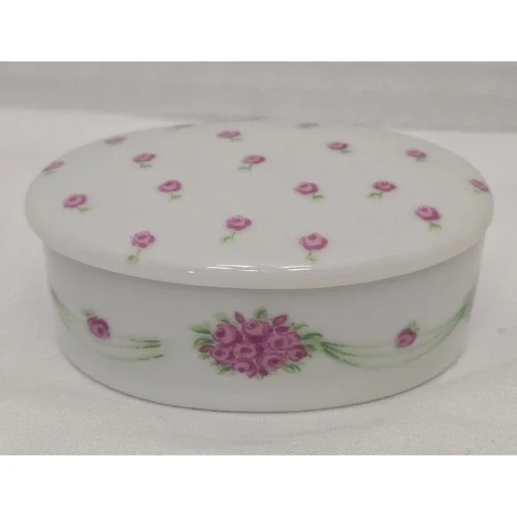 Vintage 1980 Enesco Petite Fleurs de Paris Oval Porcelain Trinket Box Pink Roses
