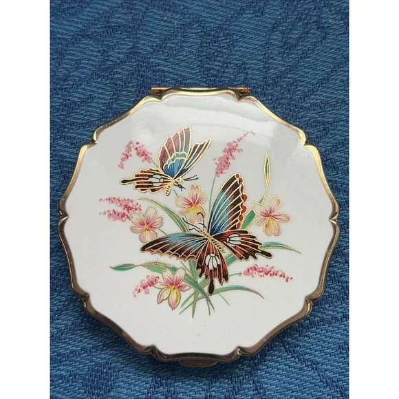 Vintage Stratton Enameled Butterflies on White Compact Made In England