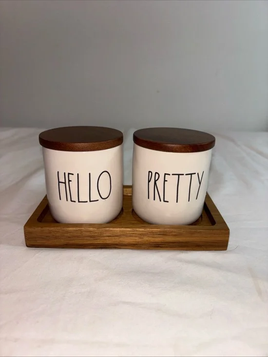 Rae Dunn  'Hello' and 'Pretty' Bathroom Storage Jars with Wooden Lids -