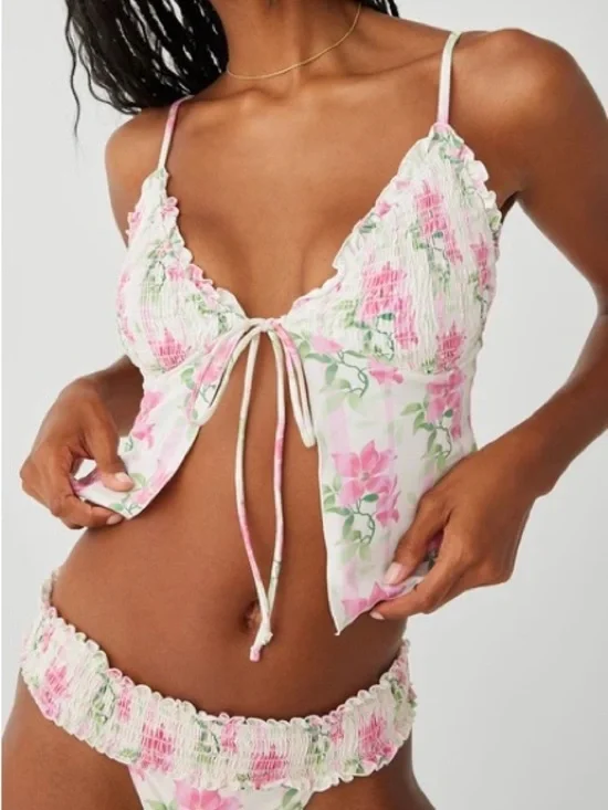 Floral Tie-Front Bralette & Bikini Set - Pink Floral
