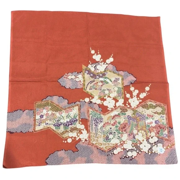 Vintage Japanese Furoshiki Wrapping Cloth Orange Red Floral Screen Shibori 28in