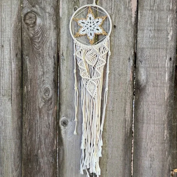 Boho Macrame Wall Hanging Crochet Star Heart Fringe Cream Tan Dreamcatcher Style