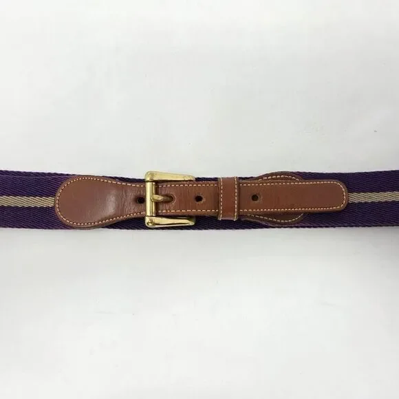 VINTAGE DOONEY & BOURKE BROWN LEATHER PURPLE STRIPE WOOL WOMENS BELT 34 1.25