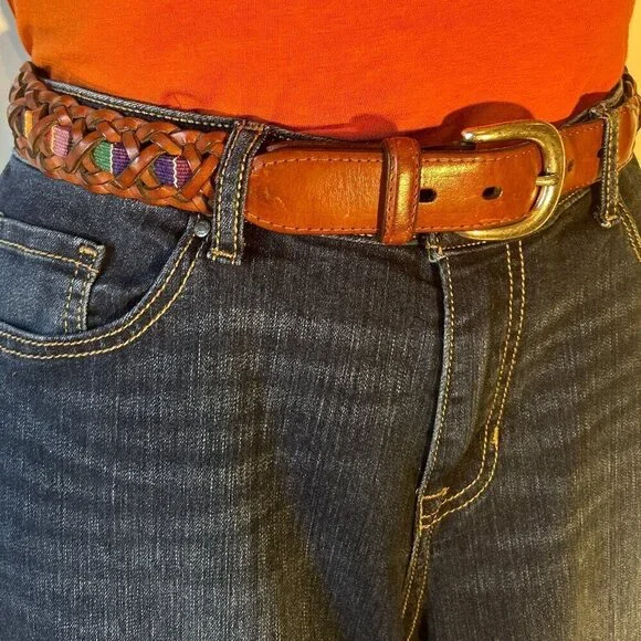 Fossil SZS Braided multi color tape leather belt western artsy ranch southwest