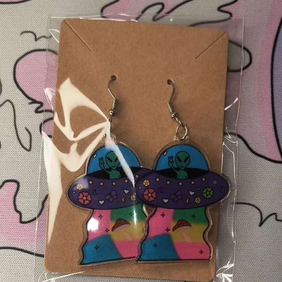 Alien Spaceship Kids Earrings - Purple and Pink