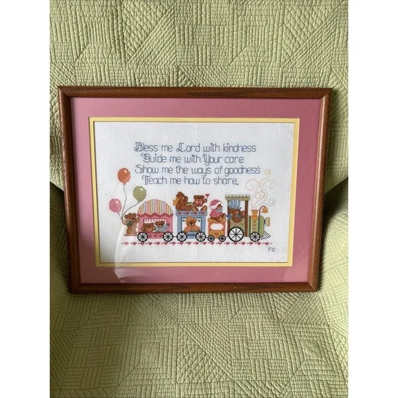 Handmade NeedlePoint Teddy Bear Train Nursery Prayer Wood Framed Wall Art 16x13