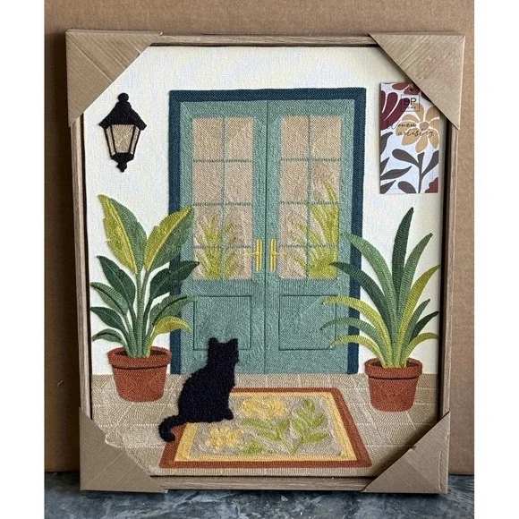 NEW BP Home Woven Embroidery Wall Art Black Cat at Door  NWT 17