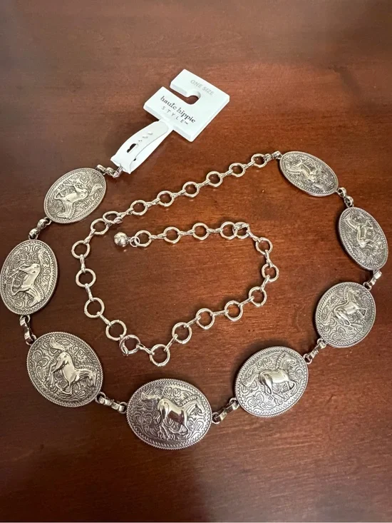 Haute Hippie Silver Oval Horse Concho Chain Belt Western Statement NWT OS