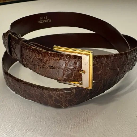 Vintage Brown Genuine Alligator Skin Belt Gold Tone Buckle 36 Old Money Class
