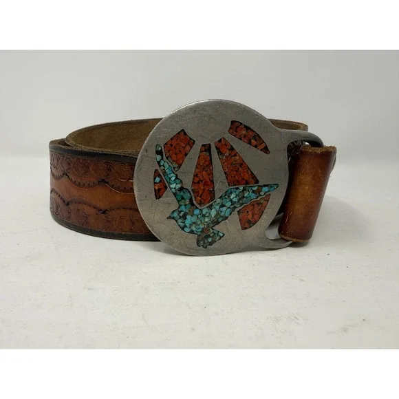 Indiana Metal Craft Bird Inlay Belt Buckle L XL Turquoise Tooled Leather Brown