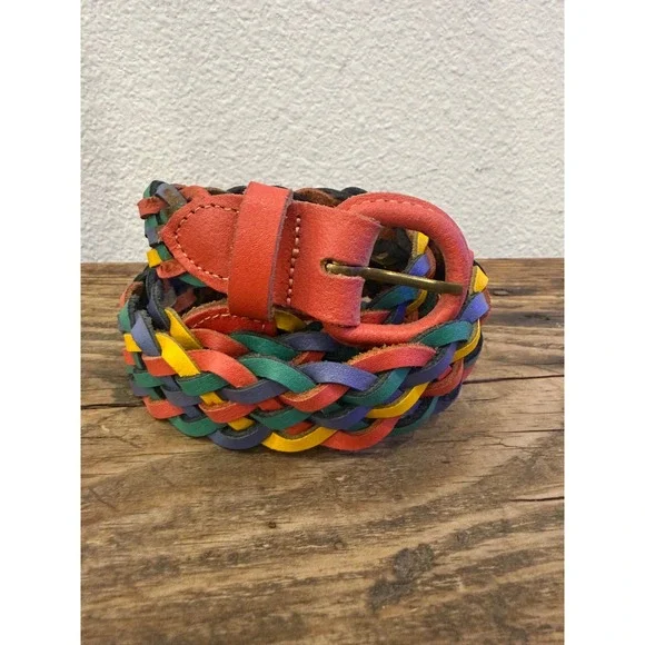 Vintage 90s Rainbow Braided Leather Belt Womens Small Medium Multicolor 35