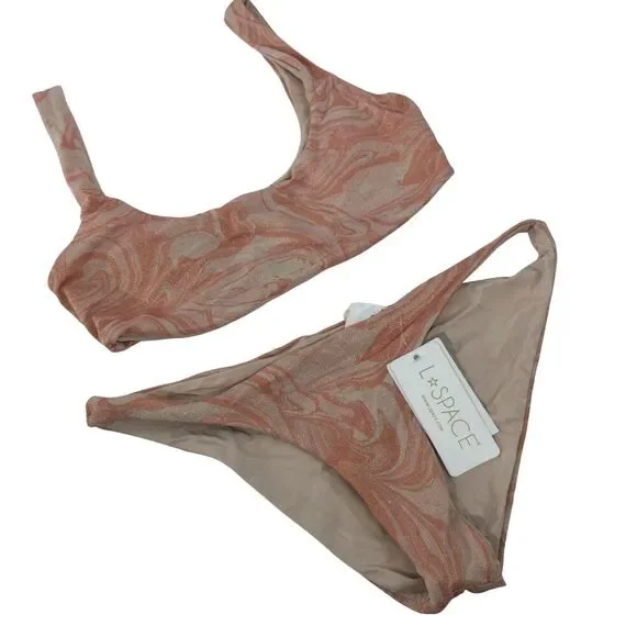 L*Space Lizzie Tie Dye Peach Pink Shimmer Camacho 2 Pc Bikini Top & Bottom M NWT