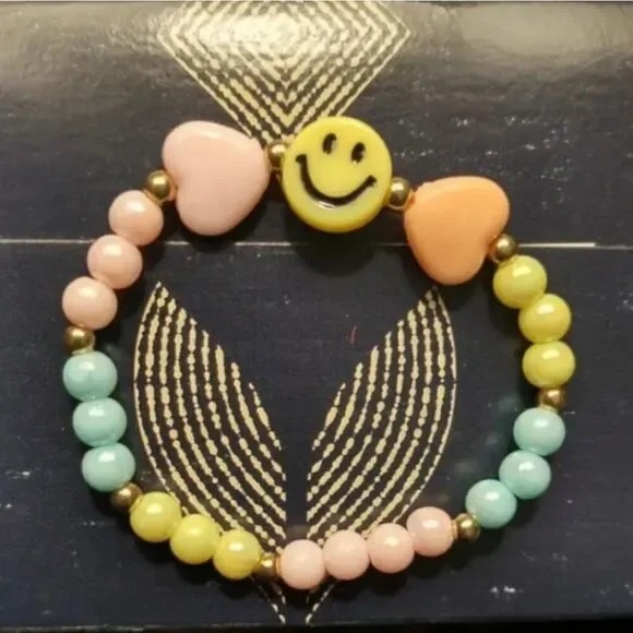 Girls rainbow happy face beaded bracelet