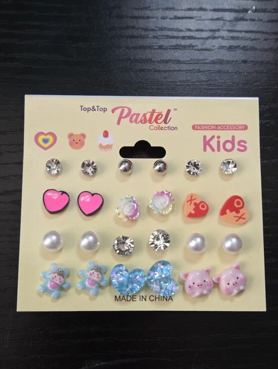 Top&Top Pastel Kids Assorted Stud Earring Set -  Pink Pig & Blue Bear