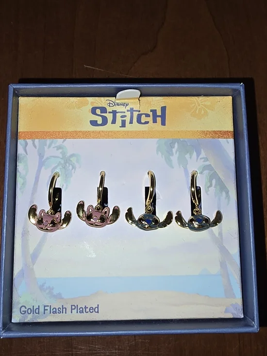 Disney Stitch Gold Flash Plated Pink 💕 and Blue Dangle Earrings Set, New in Box