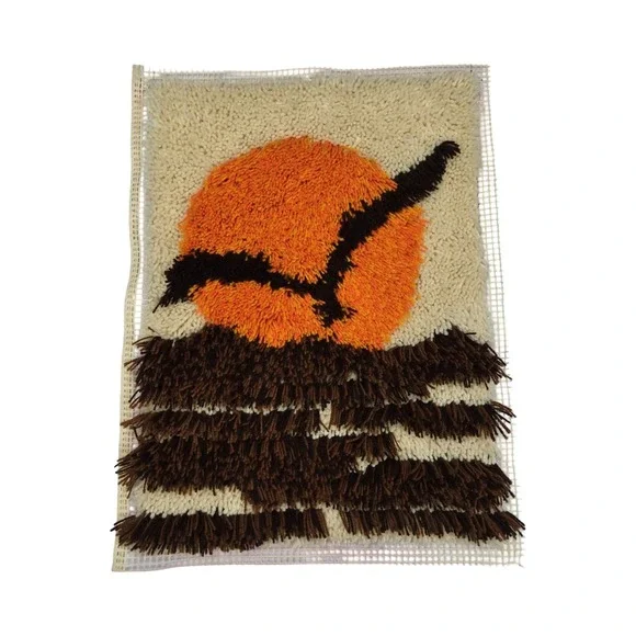 VTG 70s MCM Latch Hook Rug Wall Hanging Sunset Bird Retro Decor Orange Brown