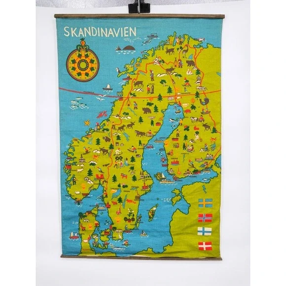 Ilustrated Fabric Scandinavia Map Wall Hanging VTG Tapestry MCM Decor