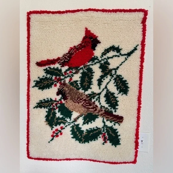 Vintage Cardinal Hollyberry‎ Latch Hook Wall Hanging Handmade Holiday