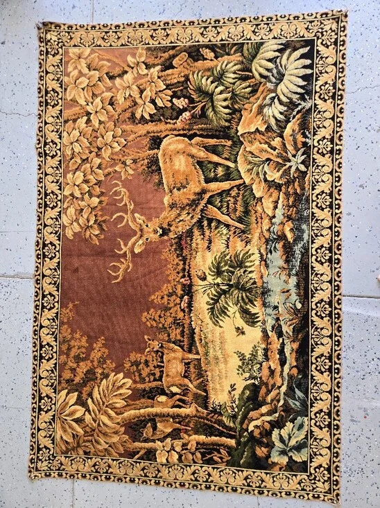 4ft By 6ft Vintage Deer Tapestry Wall Hanging in Brown and Gold