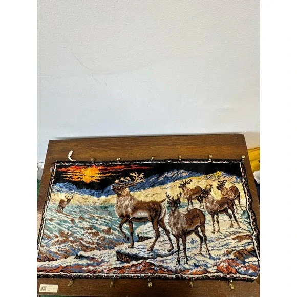 Made In Italy Deer Reindeer Winter Landscape Tapestry‎ Wall Hanging 19x36 Art