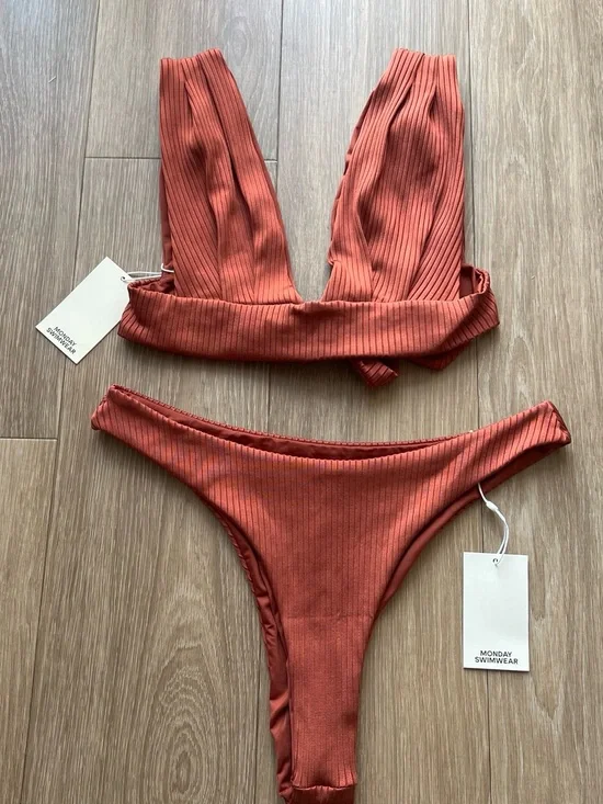 Monday Swimwear Ribbed Burnt Orange copper  Two-Piece Bikini Size M/L