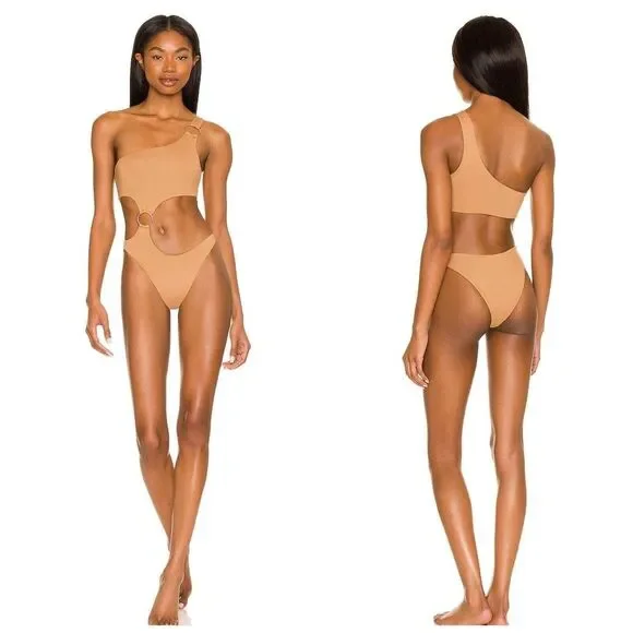 L Space Revolve One Piece Swimsuit M Bikini Cutout One Shoulder Nude Tan Tessa