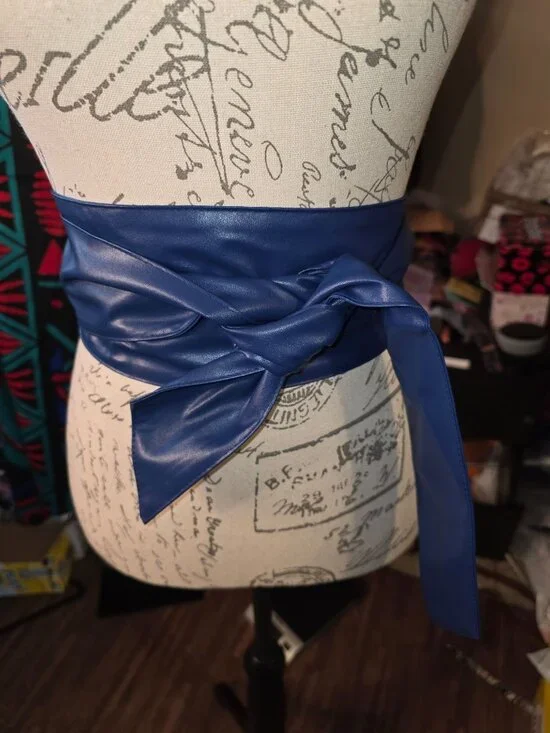 Wide Blue Faux Leather Obi Wrap Belt For Women Adjustable Tie Closure Versatile