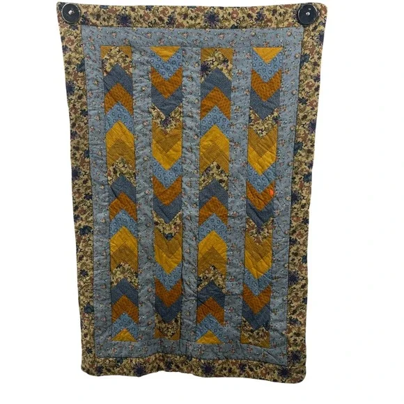 Handmade Chevron Quilted Wall Hanging Floral Patchwork Mustard Blue 33x48