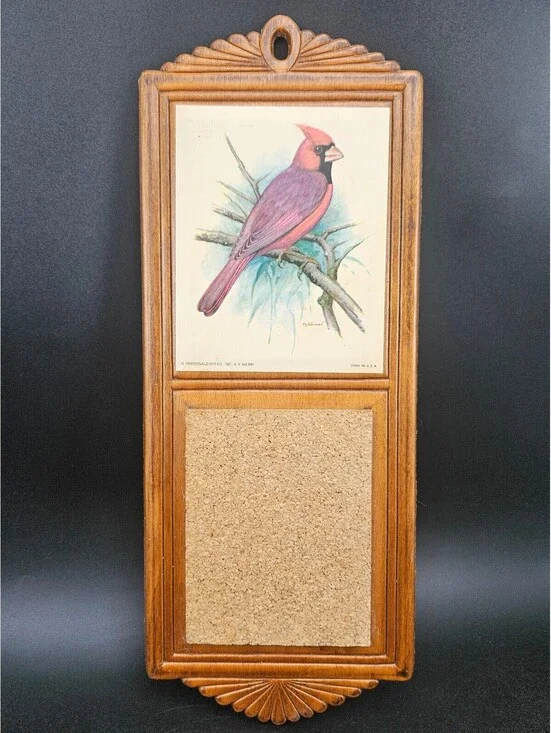 Vintage 1956 Ph. Gomner Cardinal Bird Wood Wall Hanging Memo Board Cork