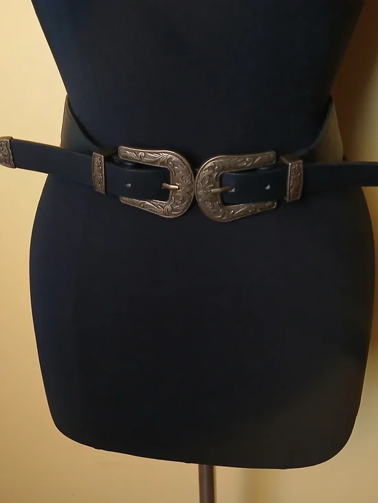 Double Buckle Black Western-Style Waist Belt