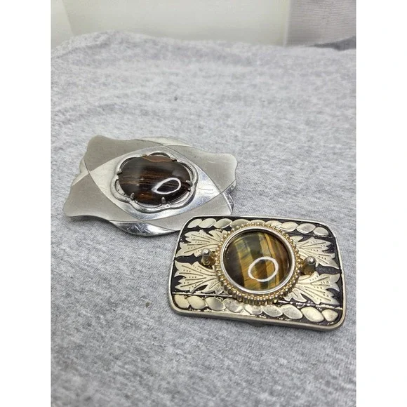 Lot 2 Vintage Womens Tiger Eye Brown Agate Stone Southwestern Belt Buckles