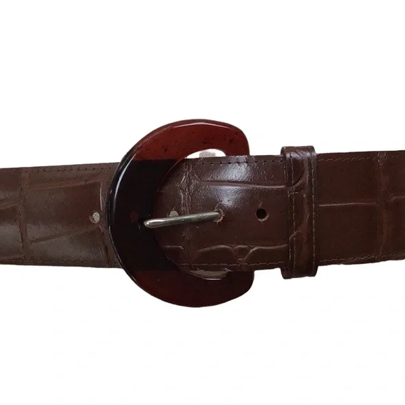 Faux Reptile Alligator Crocodile Brown Belt With Round‎ Amber Buckle Size 14