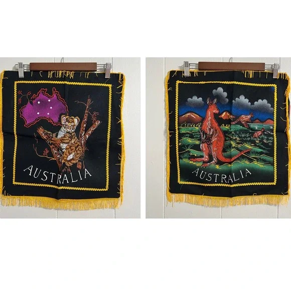 1940s Australian Kangaroo and Koala Fringed Souvenir Velvet Pillowcases‎ Vintage