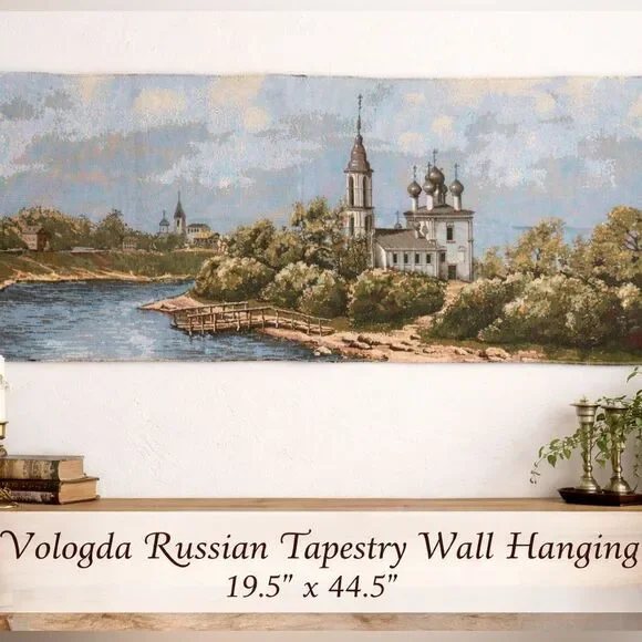 Vologda Russian Tapestry Wall Hanging Woven Landscape River Church 19.5x44.5