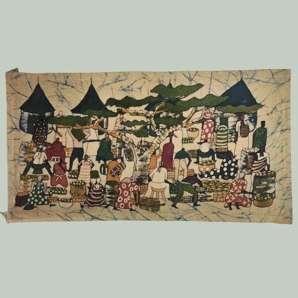 Vintage African Batik Fabric Art Hand Painted Village Market Scene 30x16 Tan