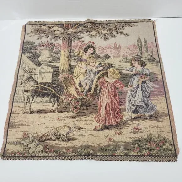 Kids in Garden Scene Vintage Wall Hanging Tapestry Made In Italy Carriage Ram