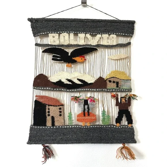 VTG Bolivia Woven Wool Wall Hanging Folk Art Condor Southwestern Style 15x17‎