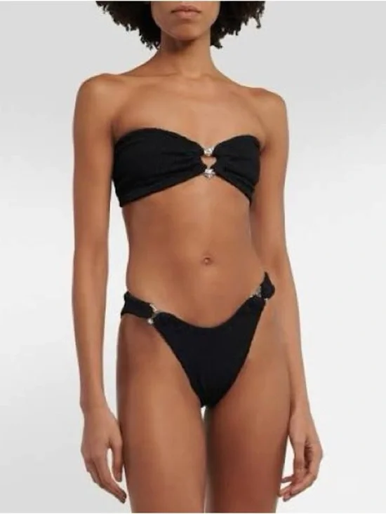 New Hunza G Bikini Set Nicole Heart Bandeau Strapless Jessica Jean Silver Black