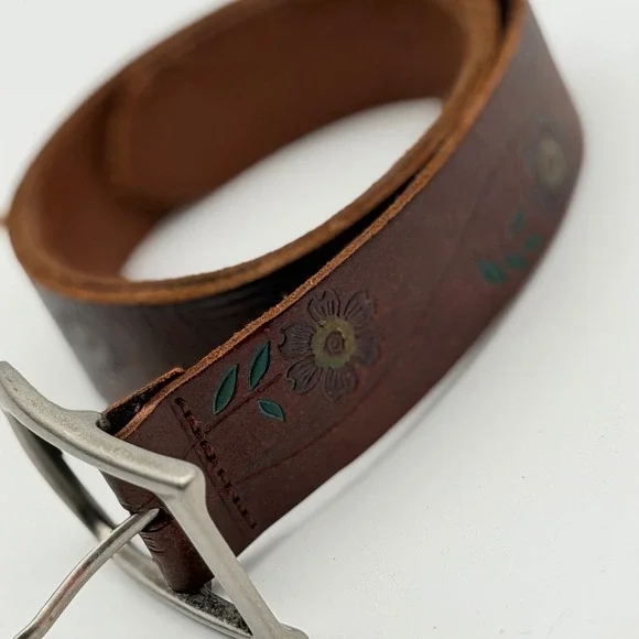 Brown Leather Floral Embossed Belt Silver Tone Buckle Western Boho Hand Painted