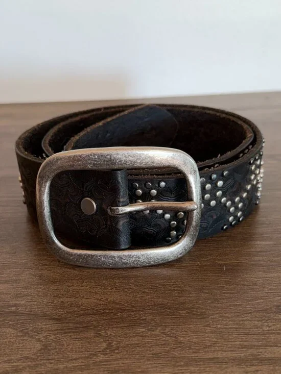 Black Studded Leather Belt with Antique Silver Buckle