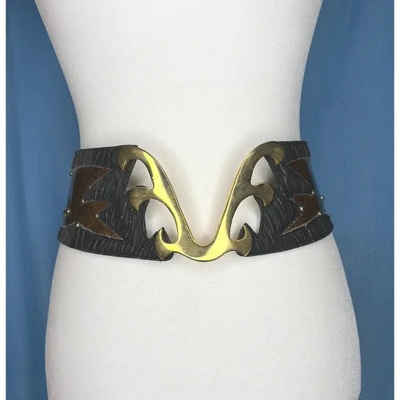 Vintage 80s Wide Black Leather Waist Belt Gold Abstract Buckle Bronze Inlay M