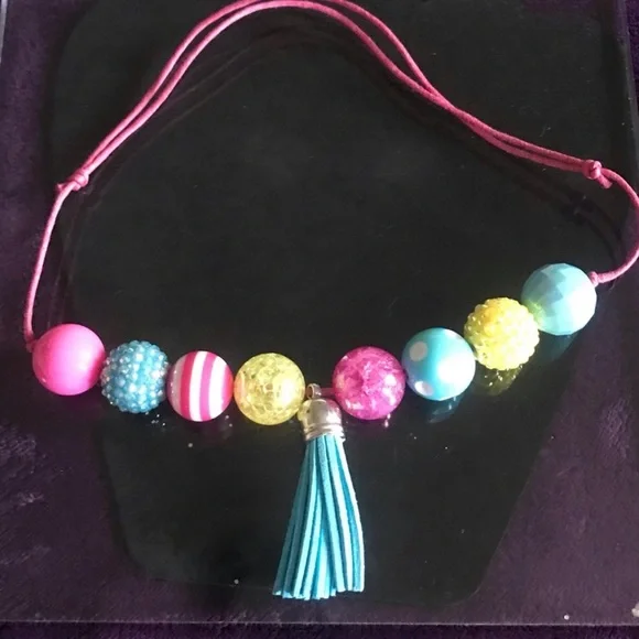 Kids Pink & Blue Beaded Tassel Necklace