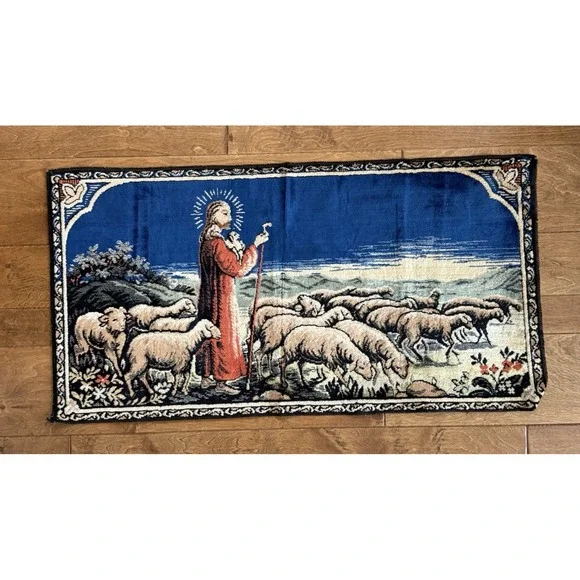 Vintage Italian Good Shepherd Woven Tapestry Wall Hanging Jesus Lambs 20x38