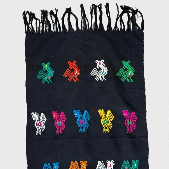 VTG Handwoven Guatemalan Embroidered Bird Textile Fringe Tapestry Runner Rainbow