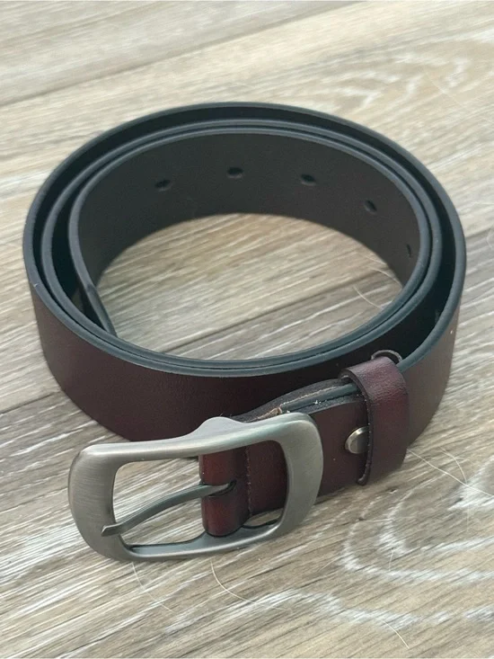 Women's Brown Leather Belt with Brushed Metal Buckle Premium