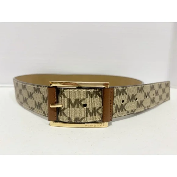 MICHAEL KORS Brown SIGNATURE MK LOGO Gold Hardware FAUX LEATHER Belt Sz Med READ